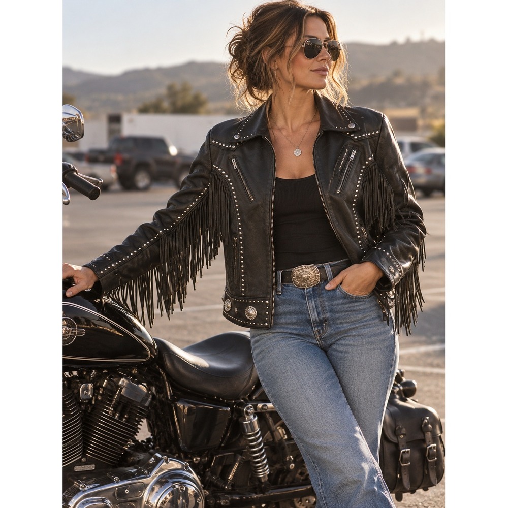 Unbranded Leather Fringe Studded Jacket Womens XXL Black Western Biker Concho